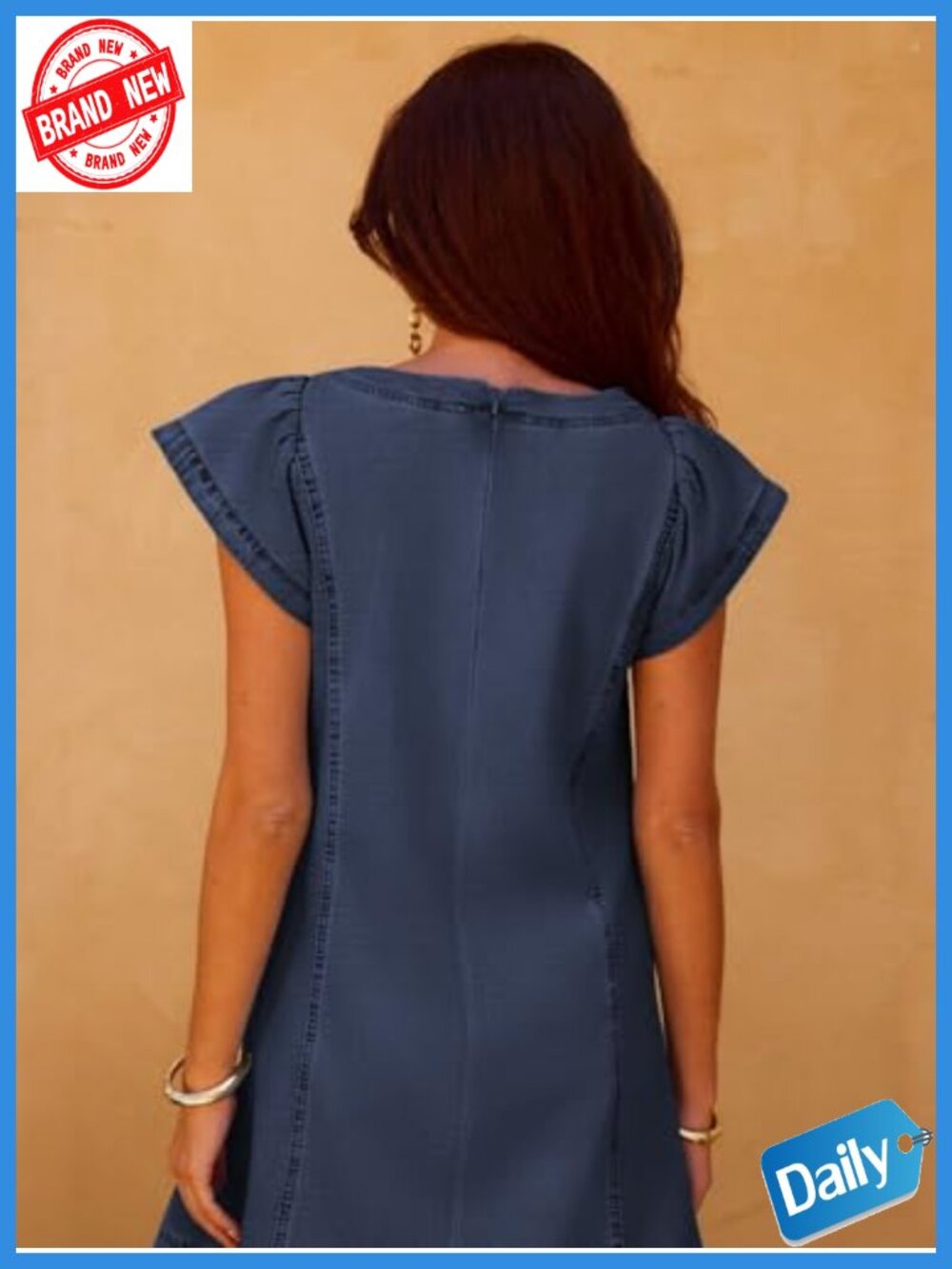 Women's Denim Mini Dress V-Neck Short Sleeve A-Line with Pockets - Picture 4 of 5
